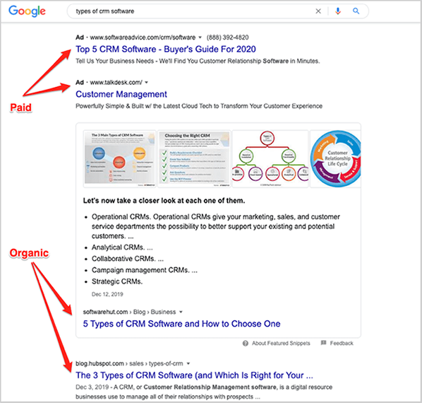 screenshot displaying google paid versus organic search results